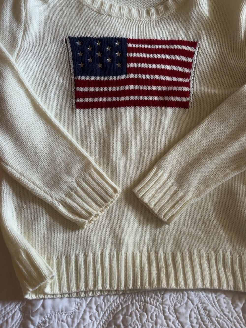 Cream Flag Knit Sweater - Women's Classic Crewneck